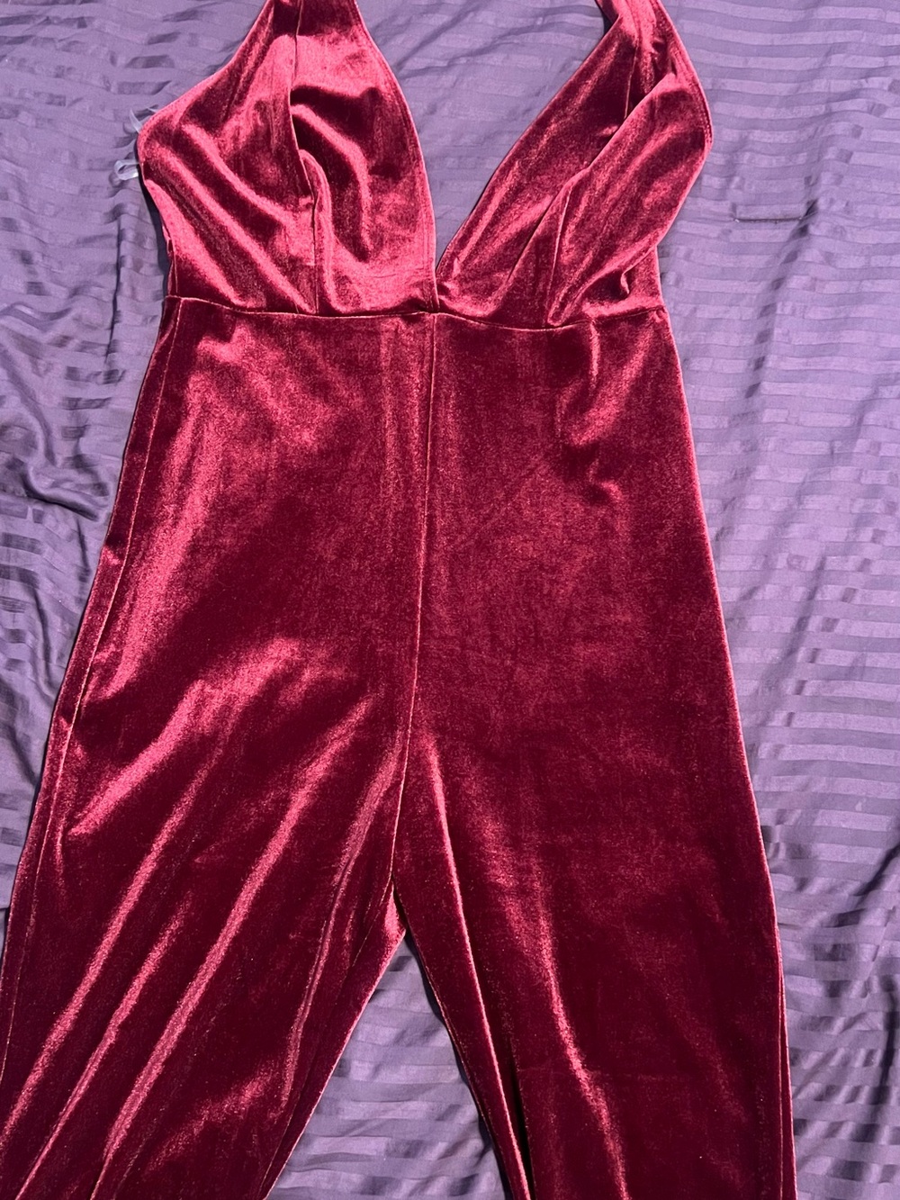 Velvet Deep V Jumpsuit in Wine